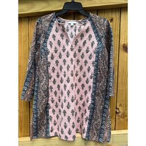 Pure Jill Petite‎ Small Top Tunic Pink Paisley Print Cotton Linen 3/4 Sleeve